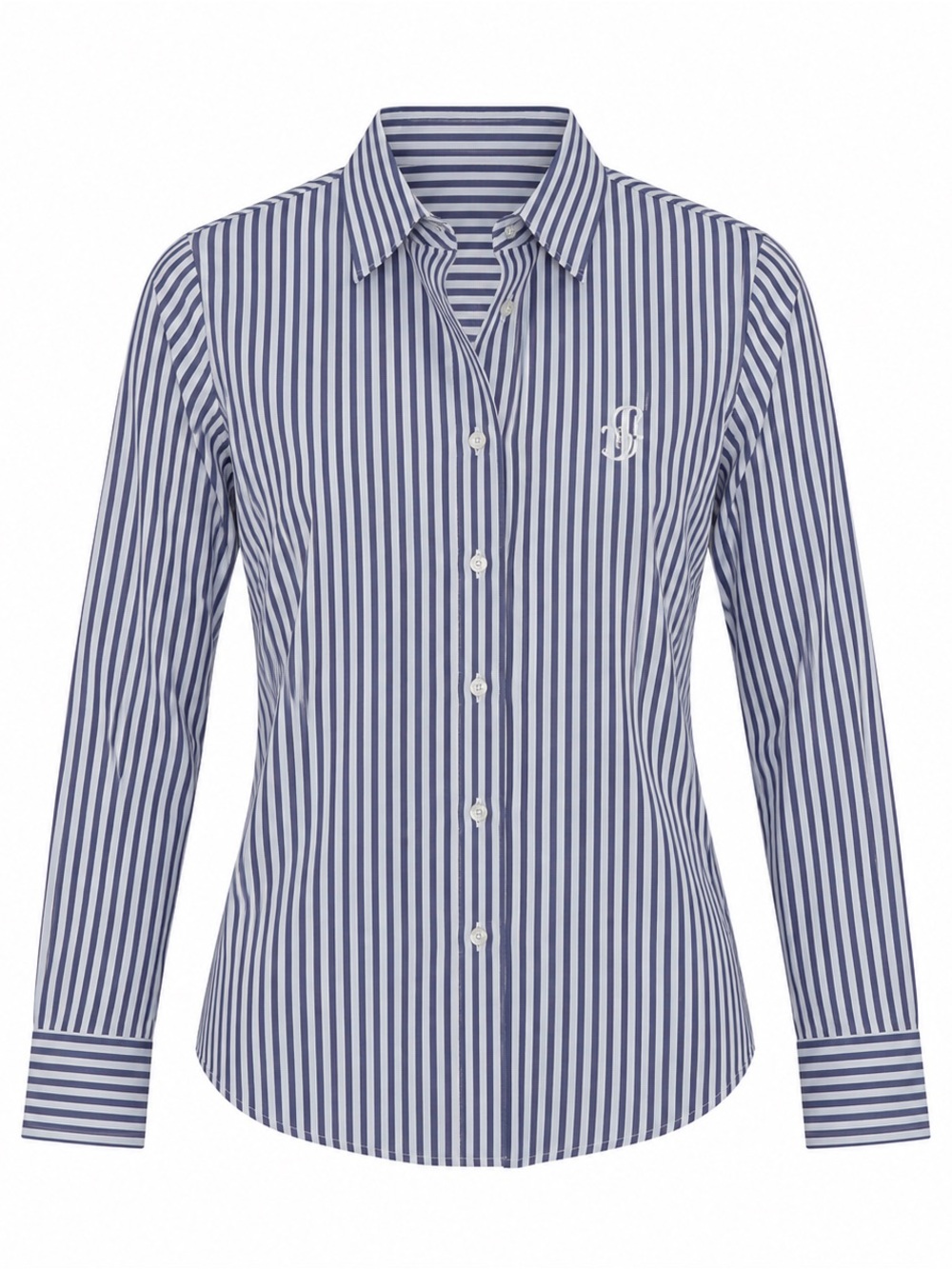 CAROLINA HERRERA Blue White Striped Button-Down Shirt Logo Crest Patch Sz 6